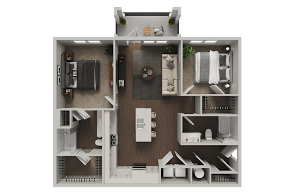 A 3D floor plan of a small apartment with a kitchen, living room, and bathroom.