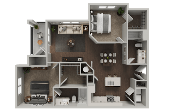 A 3D rendered image of a modern apartment layout.