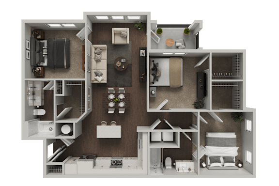 A detailed 3D floor plan of a two-story apartment.