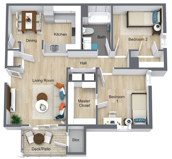 A floor plan of a house with a living room, kitchen, dining room, and two bedrooms.