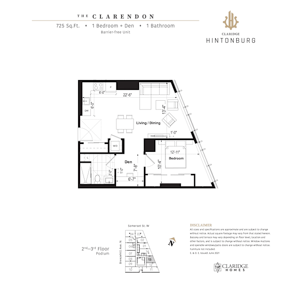A floor plan for a 725 square foot barrier-free unit with one bedroom and one bathroom.