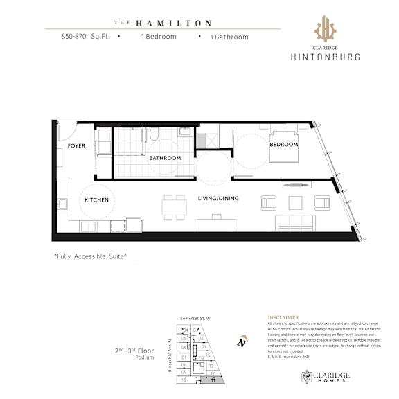 A floor plan for a fully accessible suite at The Hamilton.