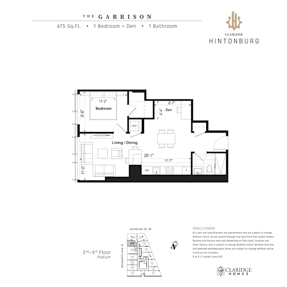 A floor plan for a property at The Garrison shows a 1 bedroom and 1 bathroom layout.