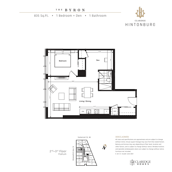 A floor plan for a 835 square foot home with one bedroom and one bathroom.