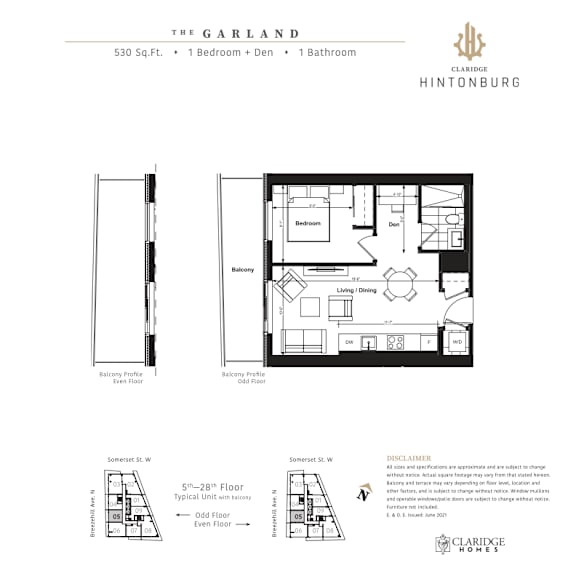 A floor plan for a 530 square foot home with one bedroom and one bathroom.