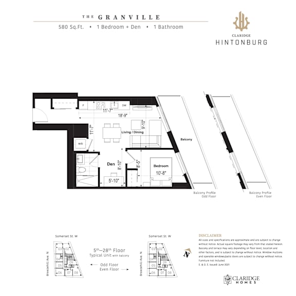 A floor plan for a property at The Granville showing a 580 square foot space with one bedroom and one bathroom.