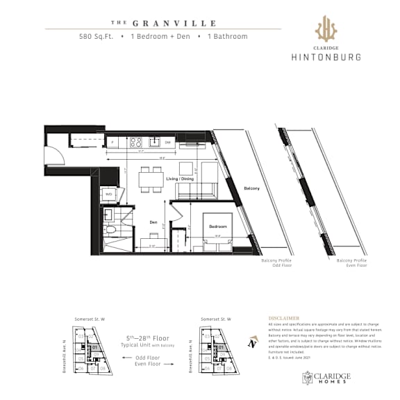 A floor plan for a 580 square foot apartment with one bedroom and one bathroom.