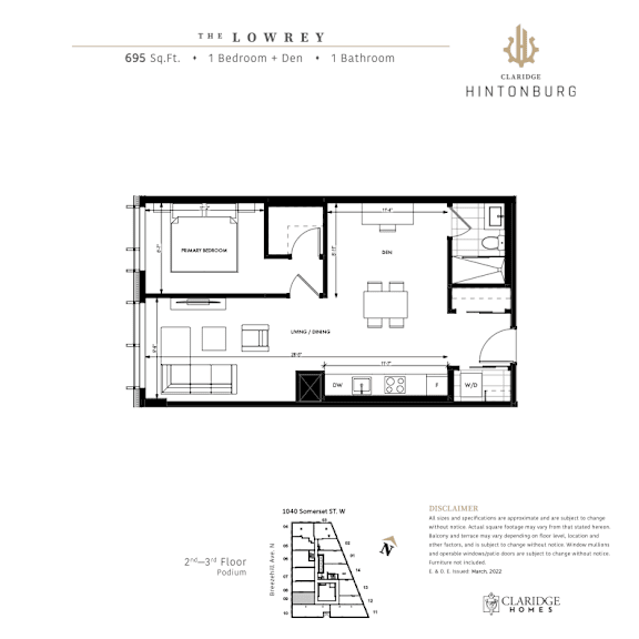 A floor plan for a 695 square foot home with one bedroom and one bathroom.