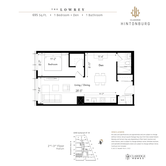 Floor plan for a property at 695 Sq.Ft. with 1 Bedroom and 1 Bathroom.