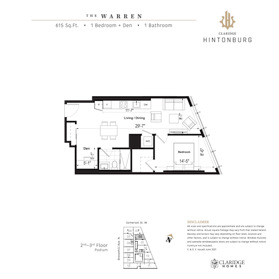 Floor plan for a 615 square foot home with one bedroom and one bathroom.