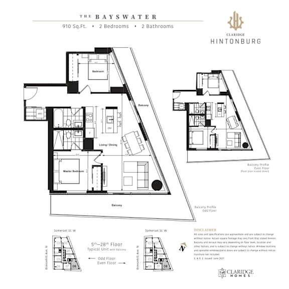 A floor plan for a 910 square foot home with two bedrooms and two bathrooms.