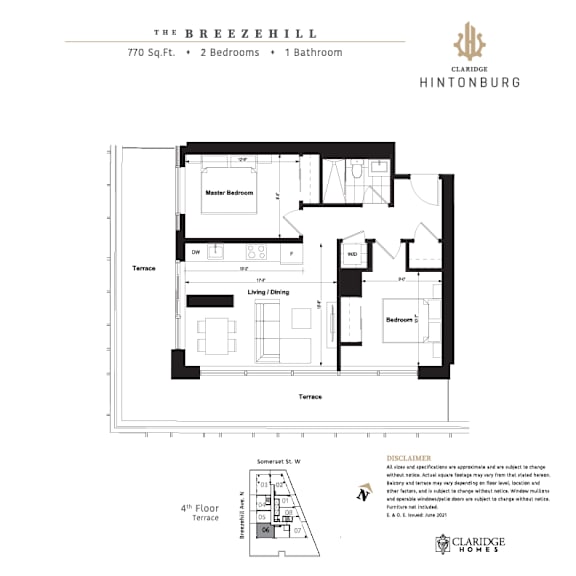 A floor plan for a 4th floor apartment with two bedrooms and one bathroom.