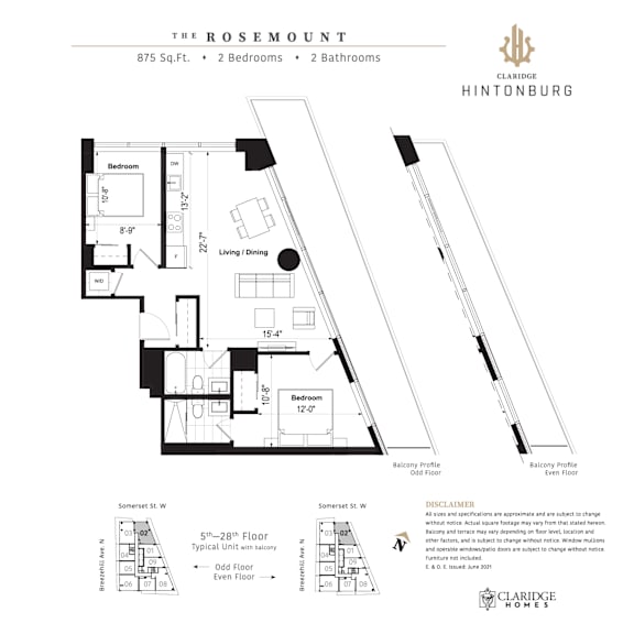 A floor plan for a property called The Rosemount, which is 875 square feet with 2 bedrooms and 2 bathrooms.