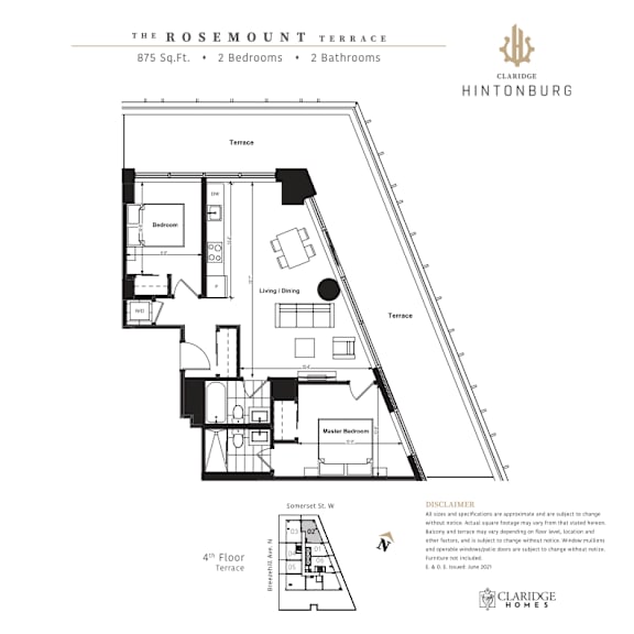 Floor plan for a 2 bedroom, 2 bathroom apartment.