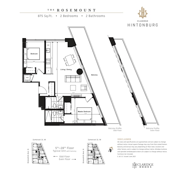 A floor plan for a 2 bedroom, 2 bathroom apartment at The Rosemount.