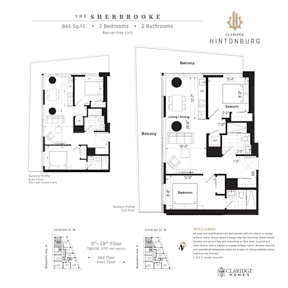 A floor plan for a 2 bedroom, 2 bathroom unit at The Sherbrooke in Hintonburg.