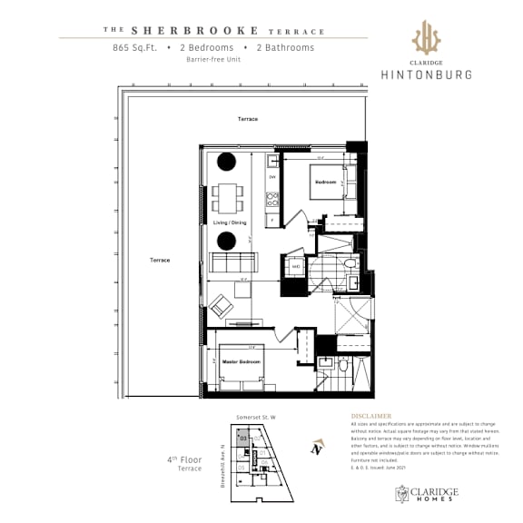 A floor plan for a 2 bedroom, 2 bathroom unit at The Sherbrooke Terrace.
