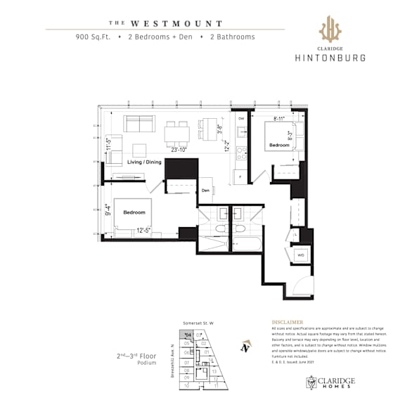 A floor plan for a 900 square foot home with two bedrooms and two bathrooms.