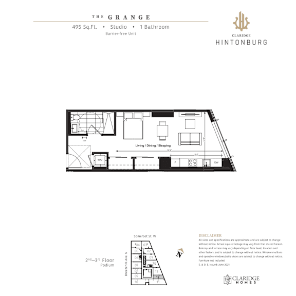 Floor Plan  A floor plan for a 495 square foot studio apartment with one bathroom.