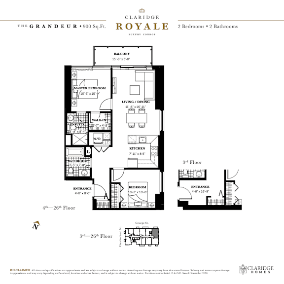A floor plan for a 900 square feet apartment with two bedrooms and two bathrooms.