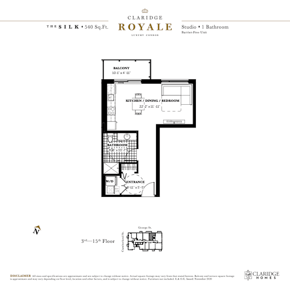 Floor plan for a Claridge Royale studio apartment.