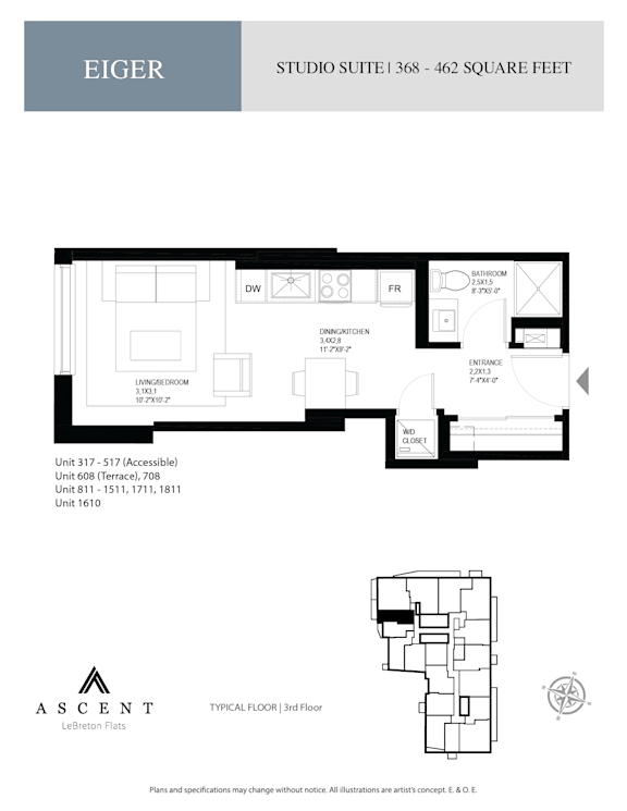 A floor plan for a studio suite with 1368 - 462 square feet.