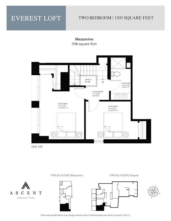 A floor plan for the Everest Loft, a two bedroom, 1303 square foot apartment.