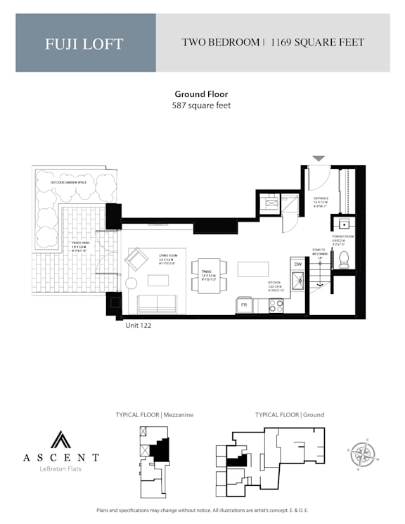 A floor plan for a two bedroom apartment sized 1169 square feet.