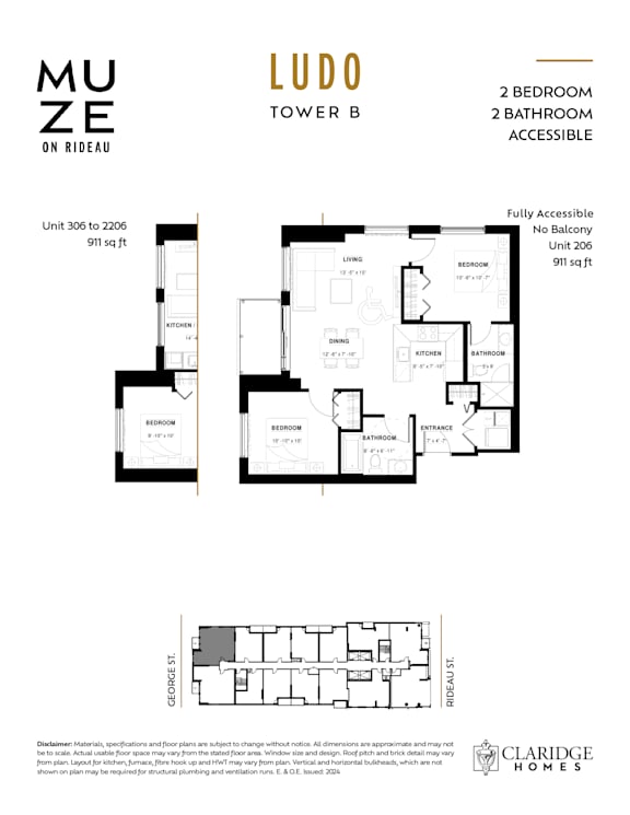 A floor plan for a unit in the Ludo Tower B of the Muze on Rideau.