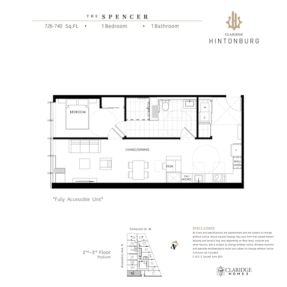 A floor plan for a fully accessible unit at The Spencer in Clardge Hintonburg.