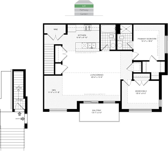 A floor plan of a house with a living room, two bedrooms, a kitchen, and a balcony.