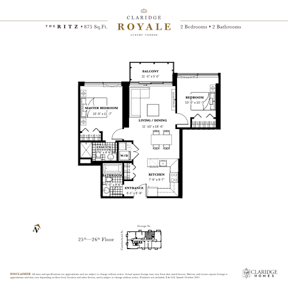 A floor plan for a home with 2 bedrooms and 2 bathrooms.