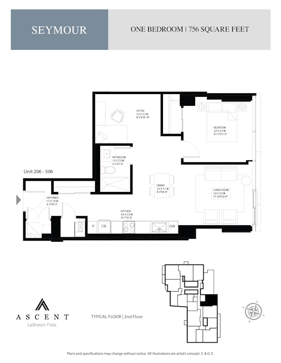 A floor plan for a one bedroom apartment sits on a white background.