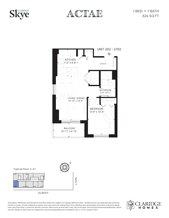 A floor plan for a 1 bedroom, 1 bathroom apartment at Claridge Homes.