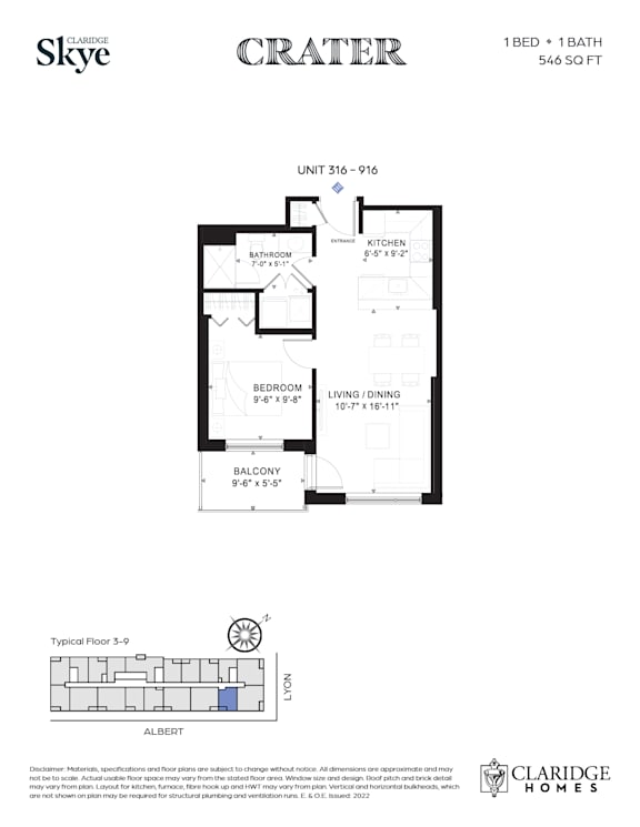 A floor plan for a home by Claridge Homes shows a living space, a bedroom, a bathroom, a kitchen, and a balcony.