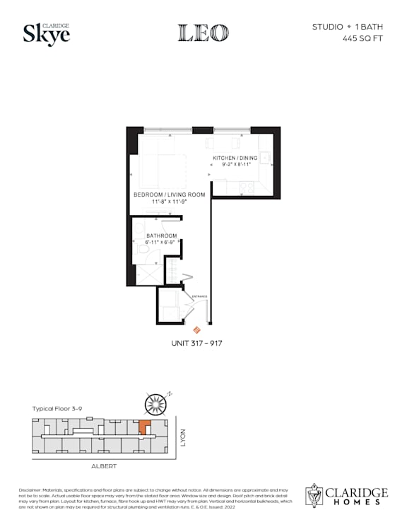 A floor plan for a home by Skye shows a studio apartment with one bathroom.