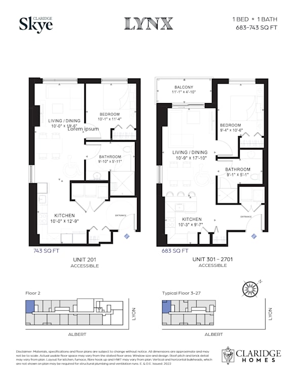 A floor plan for a Skye Lynx apartment shows two bedrooms, two bathrooms, a living room, a dining room, a kitchen, and a balcony.