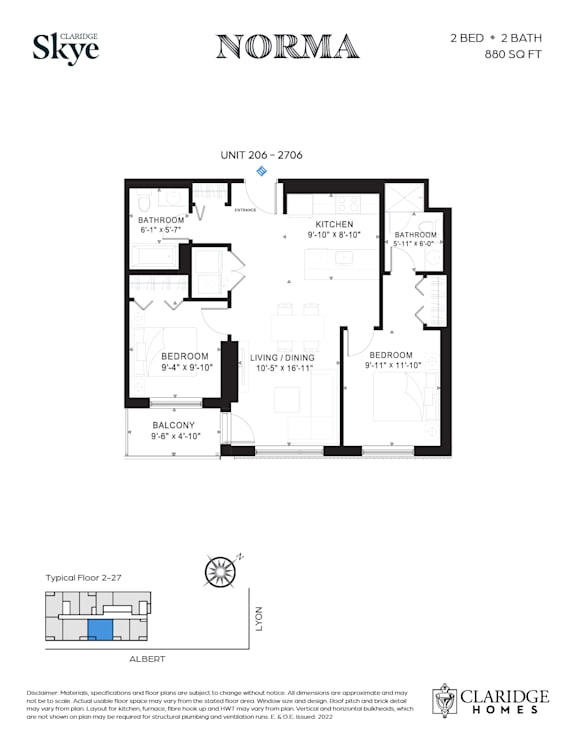 A floor plan for a 2 bedroom, 2 bathroom apartment sized at 880 square feet.