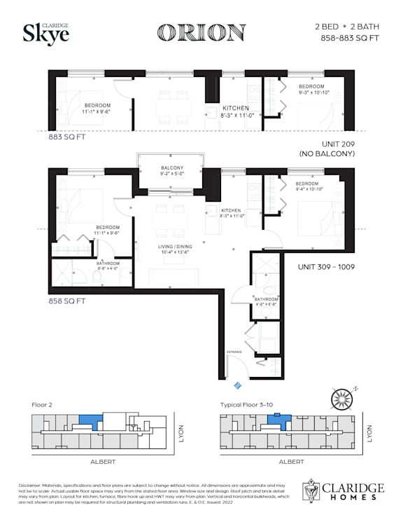 A floor plan for a home with two bedrooms and two bathrooms is shown.