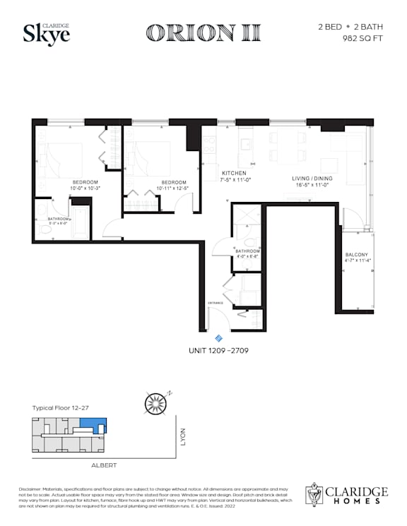 A floor plan for a home by Claridge Homes showing two bedrooms and two bathrooms.