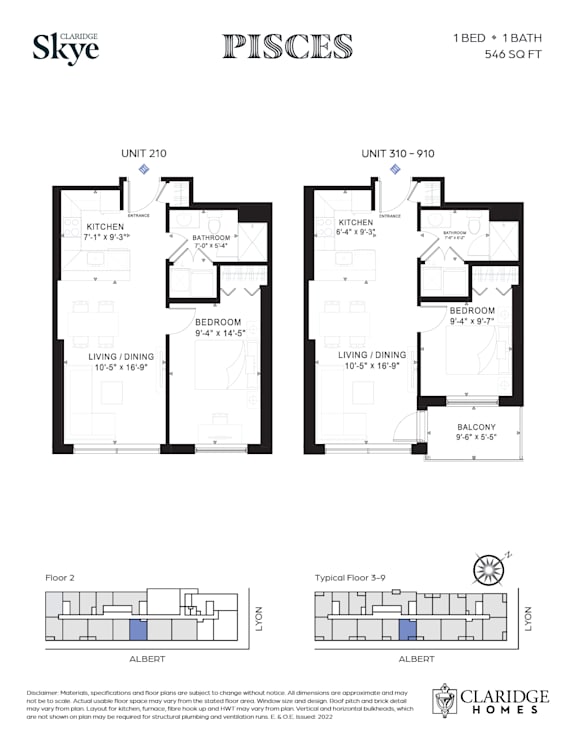 A floor plan for a Claridge Homes property in Pisces shows two units, 310-910 and 310-910, with detailed room measurements and layouts.