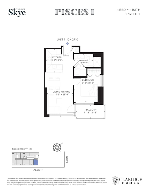 A floor plan for a unit at Claridge Homes shows a living room, dining room, kitchen, bedroom, and balcony.