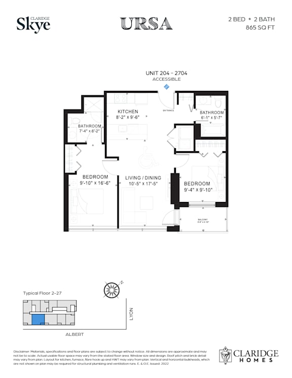 A floor plan for a 2 bedroom, 2 bathroom apartment at 865 Sq Ft.