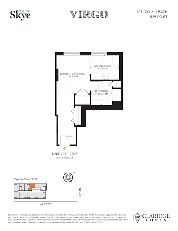 A floor plan for a studio apartment with one bathroom and a kitchen.