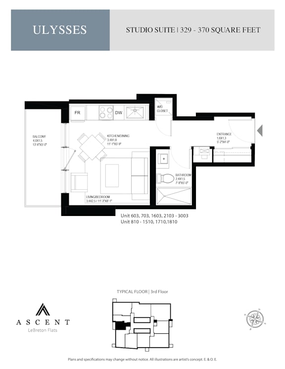 A floor plan for a studio apartment sized 1329 - 370 square feet.