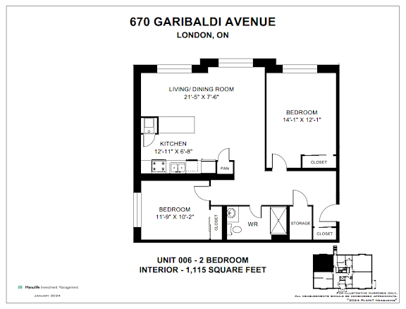 A floor plan for a 2 bedroom apartment at 670 Garibaldi Avenue, London, ON.