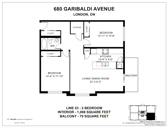 A floor plan for a two bedroom apartment at 680 Garibaldi Avenue, London, ON.