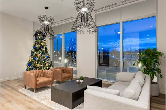 A living room with a Christmas tree and a large window.
