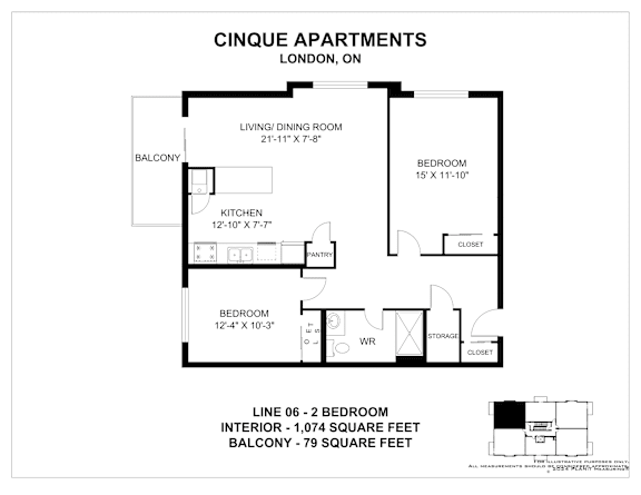 A black and white image of a floor plan for Cinque Apartments in London, ON.