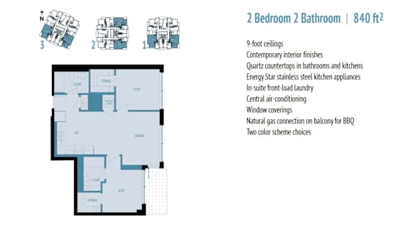 A floor plan of a 2 Bedroom 2 Bathroom apartment sized 840 square feet.
